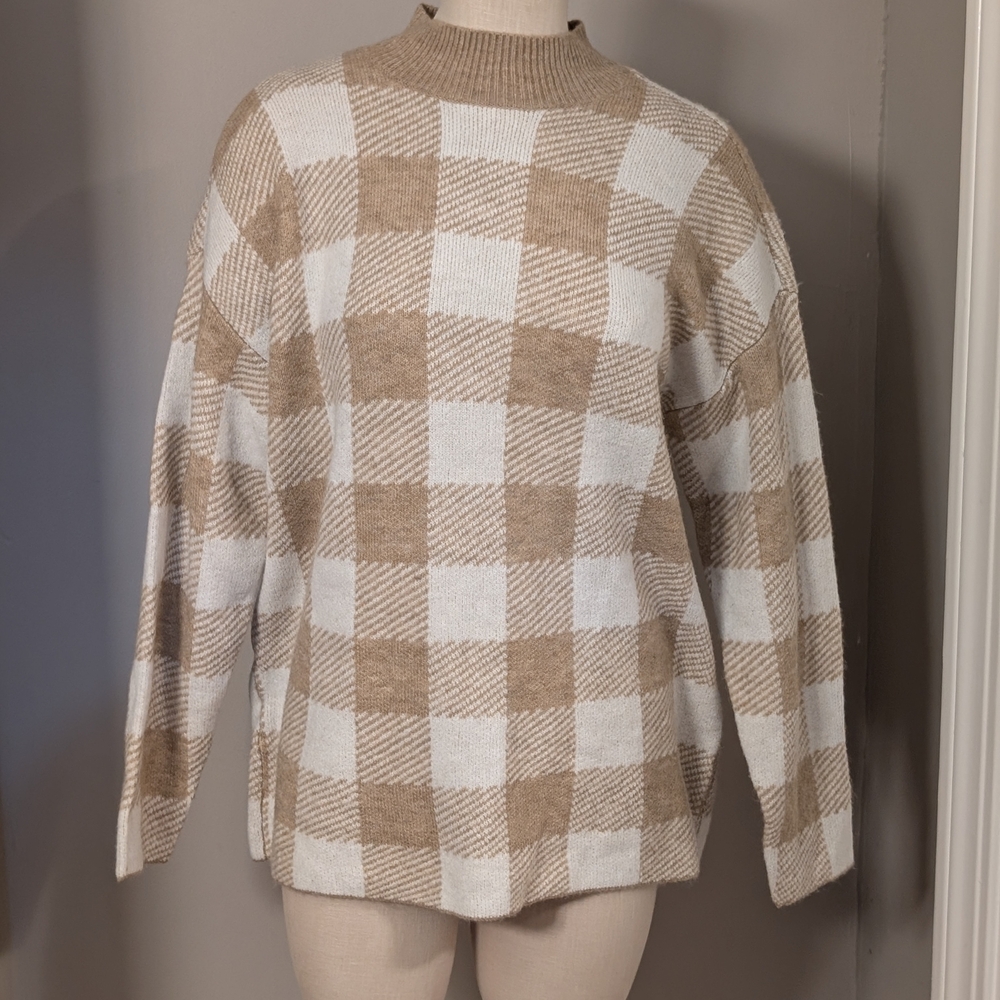 LOFT Tan and Cream Plaid Turtleneck Sweater